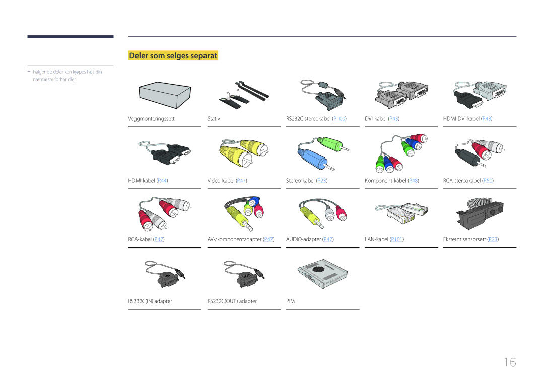 Samsung LH55LECPLBC/EN, LH32LECPLBC/EN, LH46LECPLBC/EN manual Deler som selges separat, Veggmonteringssett Stativ 