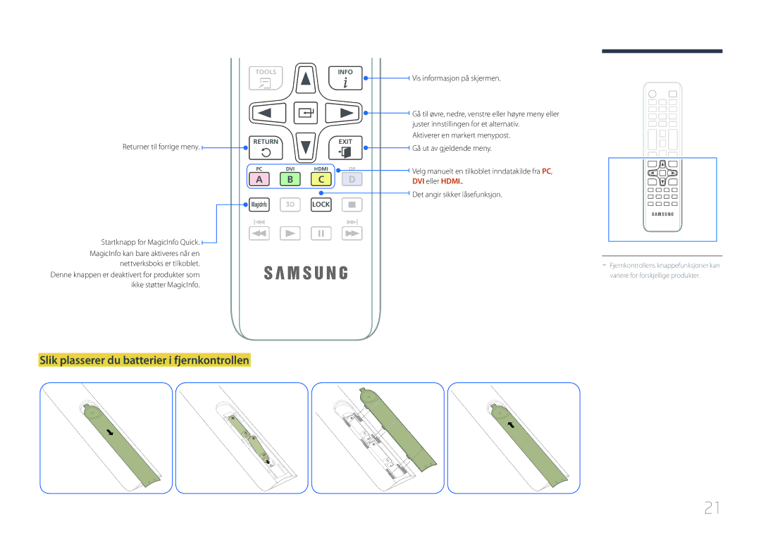 Samsung LH32LECPLBC/EN, LH55LECPLBC/EN, LH46LECPLBC/EN manual Slik plasserer du batterier i fjernkontrollen, DVI eller Hdmi 