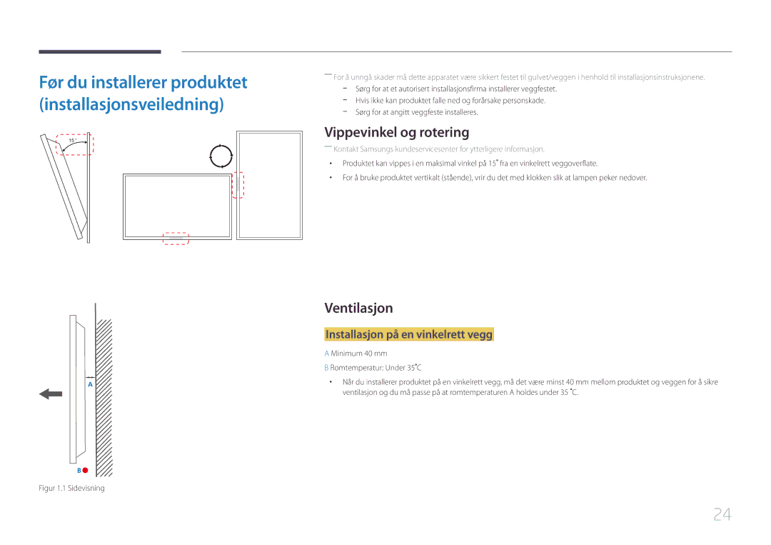 Samsung LH32LECPLBC/EN, LH55LECPLBC/EN manual Vippevinkel og rotering, Ventilasjon, Installasjon på en vinkelrett vegg 