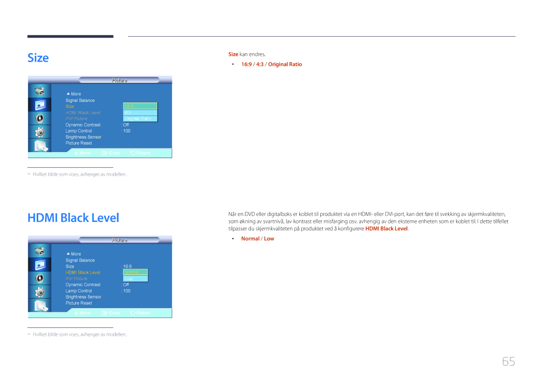 Samsung LH46LECPLBC/EN, LH32LECPLBC/EN manual Hdmi Black Level, Size kan endres, 169 / 43 / Original Ratio, Normal / Low 