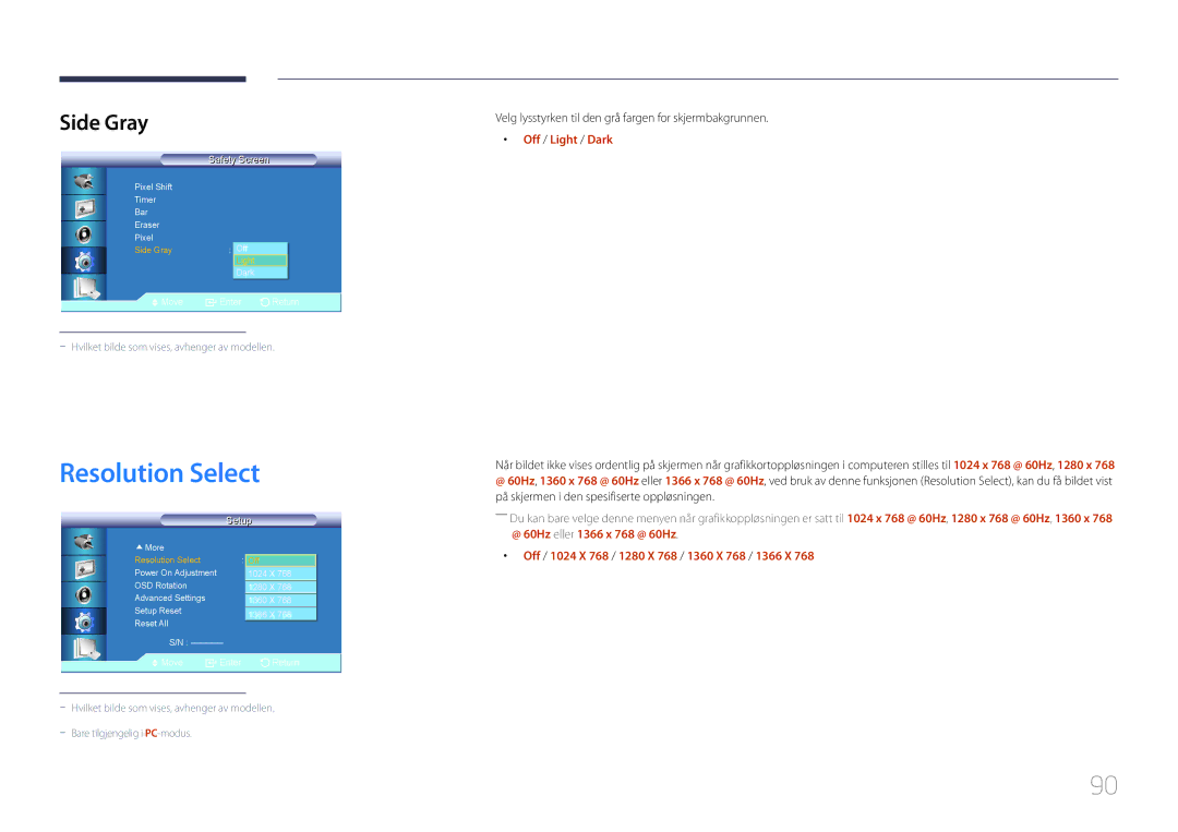 Samsung LH32LECPLBC/EN manual Resolution Select, Side Gray, Velg lysstyrken til den grå fargen for skjermbakgrunnen 