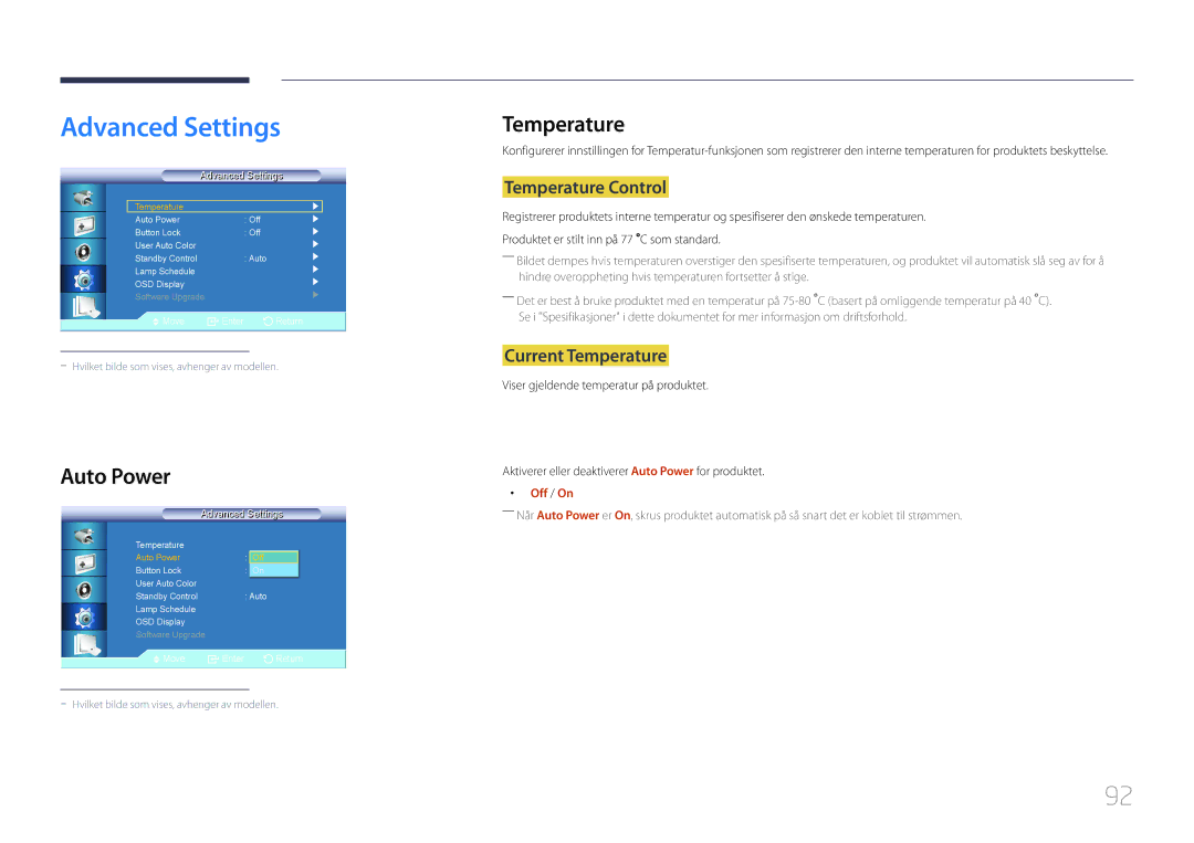 Samsung LH46LECPLBC/EN, LH32LECPLBC/EN manual Advanced Settings, Auto Power, Temperature Control, Current Temperature 