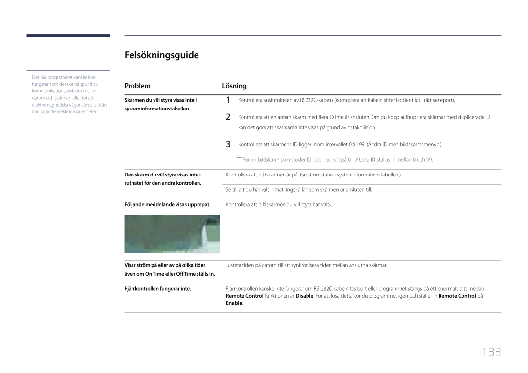 Samsung LH55LECPLBC/EN manual 133, Felsökningsguide, Problem Lösning, Kontrollera att bildskärmen du vill styra har valts 