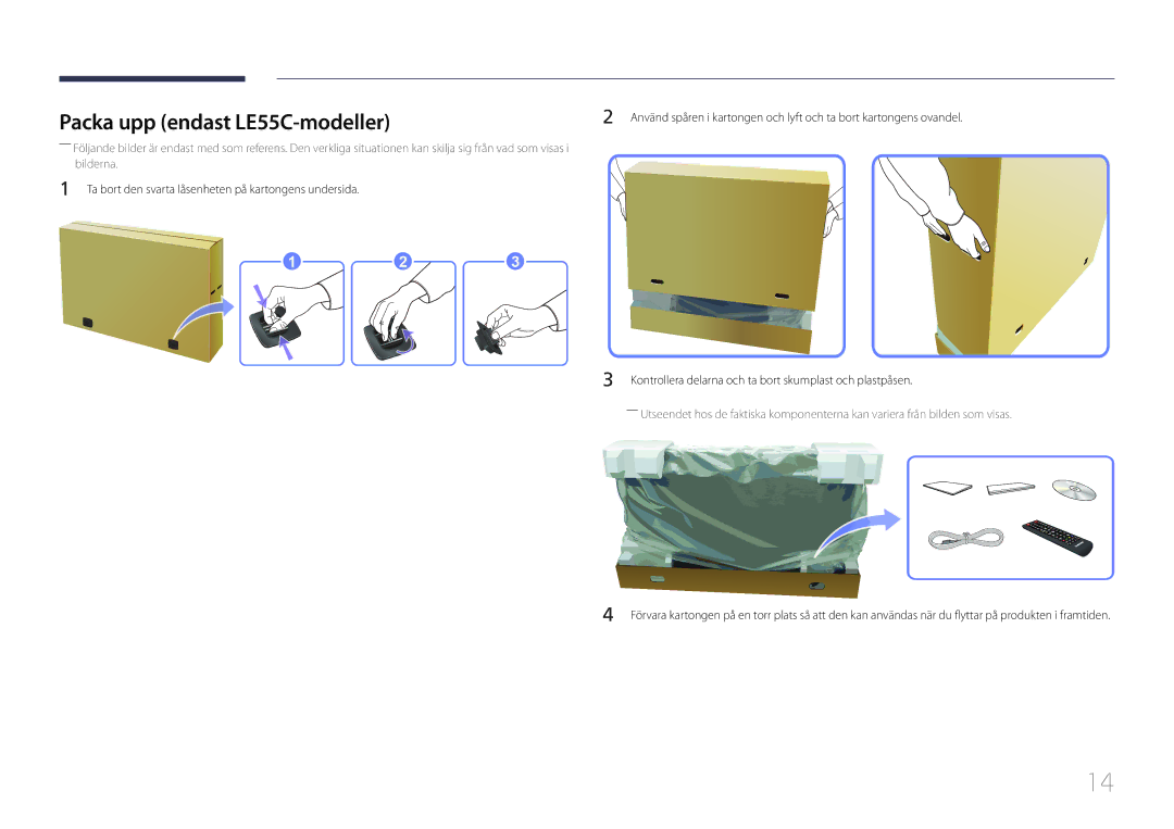 Samsung LH46LECPLBC/EN, LH32LECPLBC/EN, LH55LECPLBC/EN manual Packa upp endast LE55C-modeller 