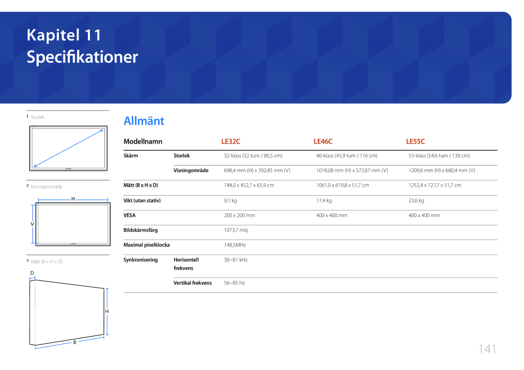 Samsung LH32LECPLBC/EN, LH55LECPLBC/EN, LH46LECPLBC/EN manual Allmänt, 141 