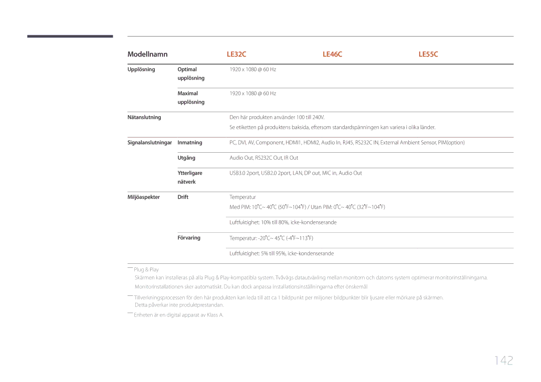 Samsung LH55LECPLBC/EN, LH32LECPLBC/EN, LH46LECPLBC/EN manual 142, Luftfuktighet 5% till 95%, icke-kondenserande 