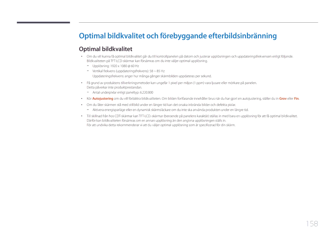 Samsung LH46LECPLBC/EN, LH32LECPLBC/EN, LH55LECPLBC/EN manual Optimal bildkvalitet och förebyggande efterbildsinbränning, 158 