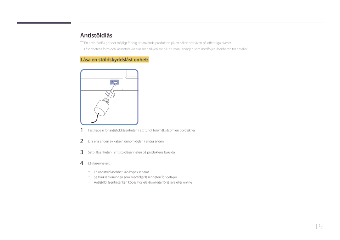 Samsung LH55LECPLBC/EN, LH32LECPLBC/EN, LH46LECPLBC/EN manual Antistöldlås, Låsa en stöldskyddslåst enhet 