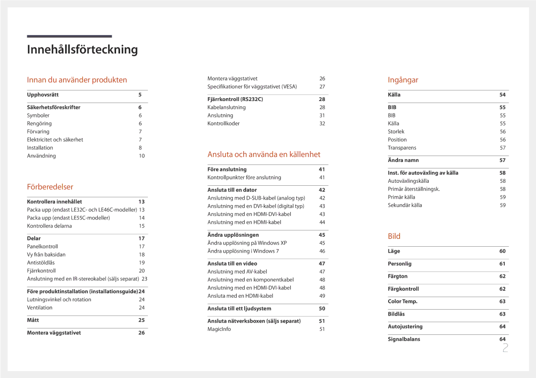 Samsung LH46LECPLBC/EN, LH32LECPLBC/EN, LH55LECPLBC/EN manual Innehållsförteckning 