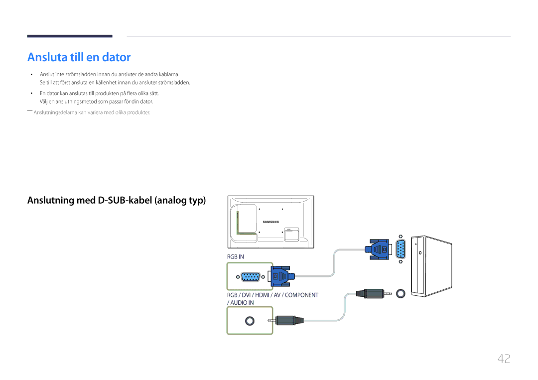 Samsung LH32LECPLBC/EN, LH55LECPLBC/EN, LH46LECPLBC/EN manual Ansluta till en dator, Anslutning med D-SUB-kabel analog typ 