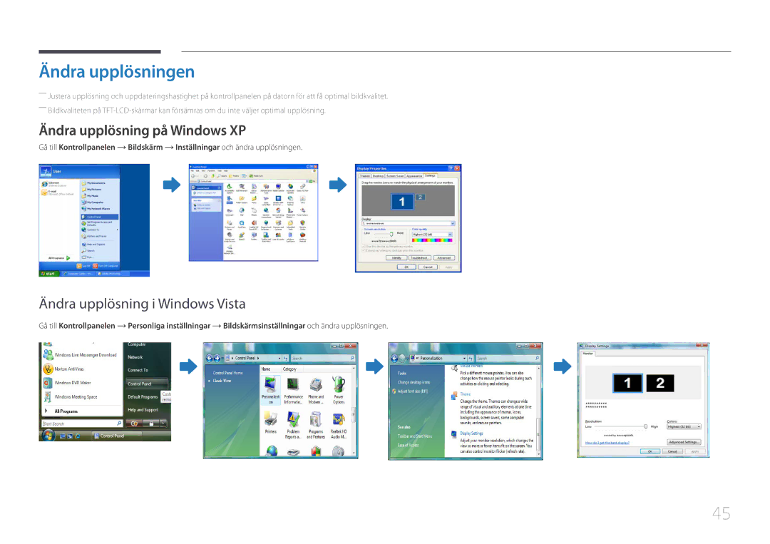 Samsung LH32LECPLBC/EN, LH55LECPLBC/EN, LH46LECPLBC/EN manual Ändra upplösningen, Ändra upplösning på Windows XP 