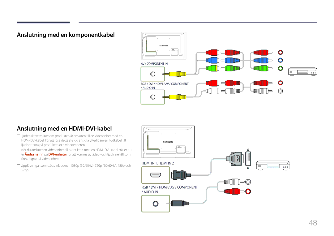 Samsung LH32LECPLBC/EN, LH55LECPLBC/EN, LH46LECPLBC/EN Anslutning med en komponentkabel, Anslutning med en HDMI-DVI-kabel 