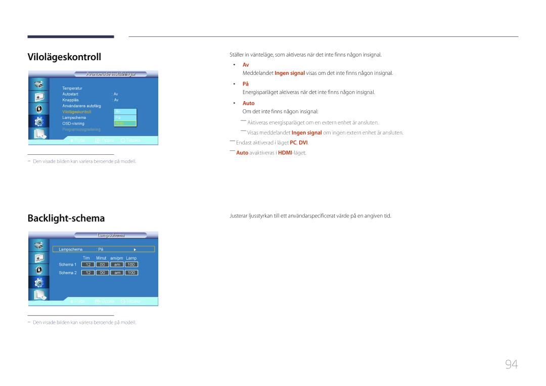 Samsung LH55LECPLBC/EN, LH32LECPLBC/EN manual Vilolägeskontroll, Backlight-schema, Auto, Om det inte finns någon insignal 