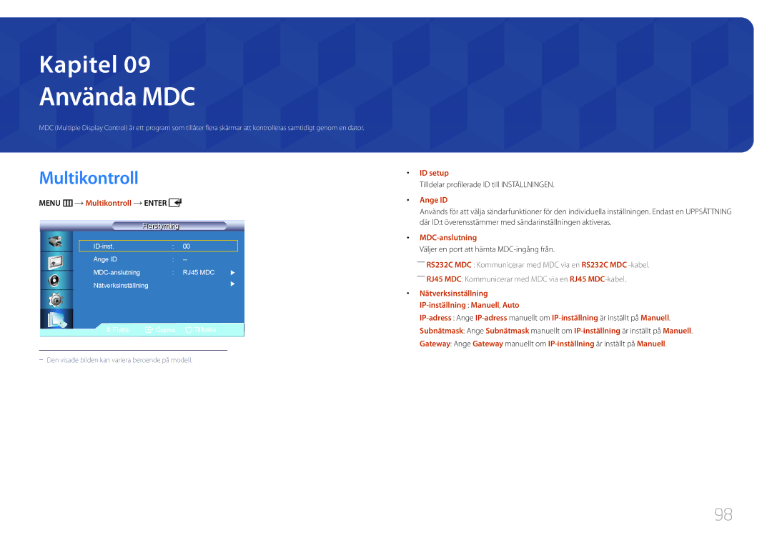 Samsung LH46LECPLBC/EN, LH32LECPLBC/EN, LH55LECPLBC/EN Menu m Multikontroll Enter, ID setup, Ange ID, MDC-anslutning 