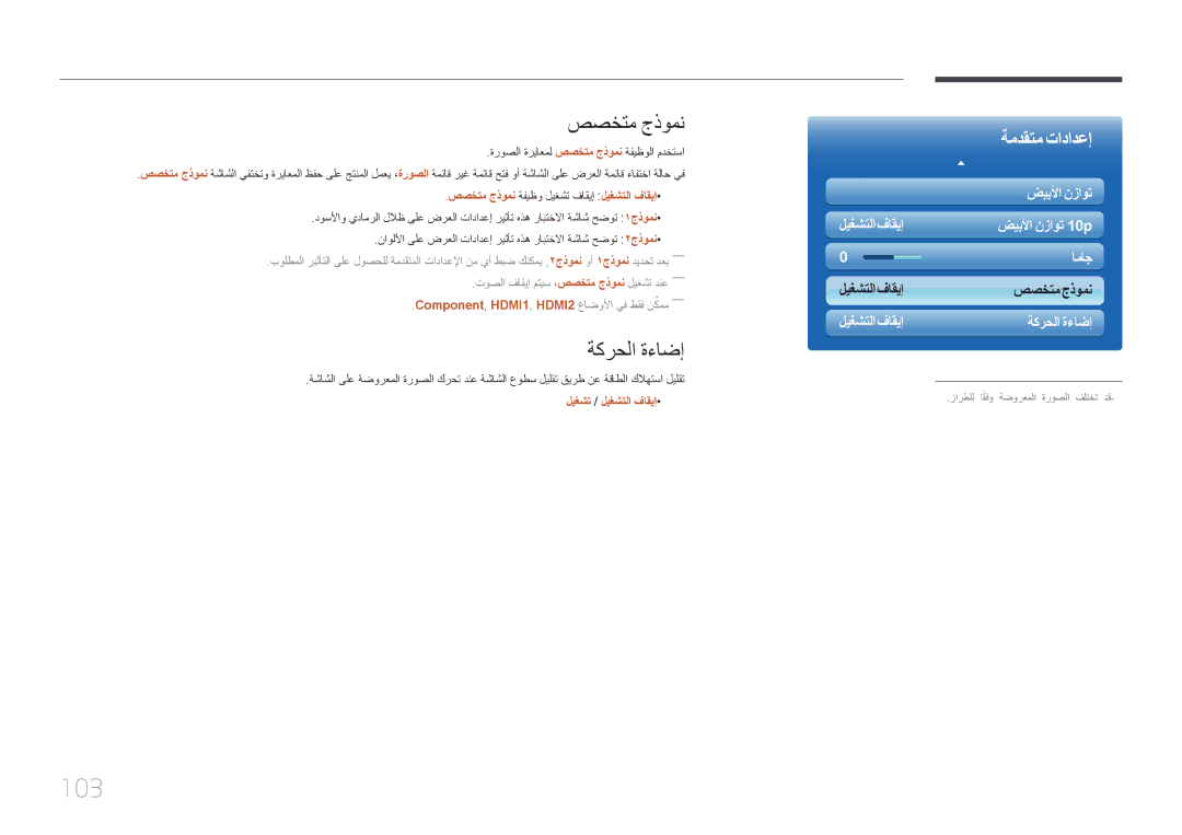 Samsung LH40MECPLGC/UE manual 103, ةروصلا ةرياعمل صصختم جذومن ةفيظولا مدختسا, صصختم جذومن ةفيظو ليغشت فاقيإ ليغشتلا فاقيإ 