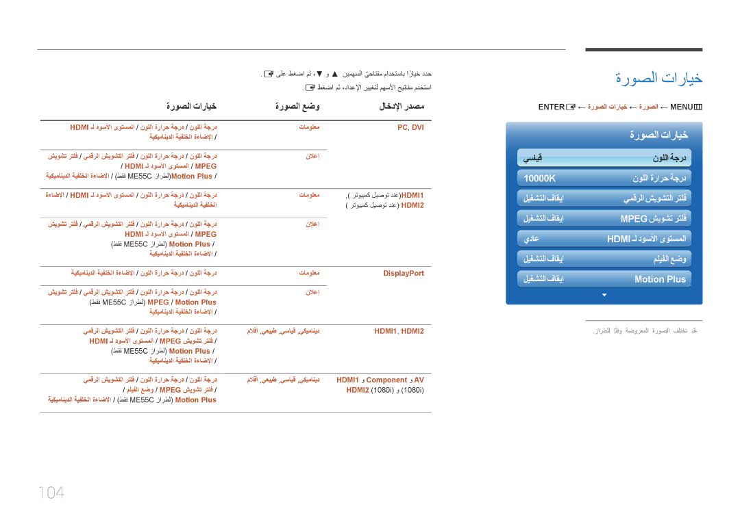 Samsung LH55MECPLGC/UE manual 104, ةروصلا تارايخ ةروصلا عضو لاخدلإا ردصم, ENTER‏‏ E ← ةروصلا تارايخ ← ةروصلا ← MENU‏‏ m 