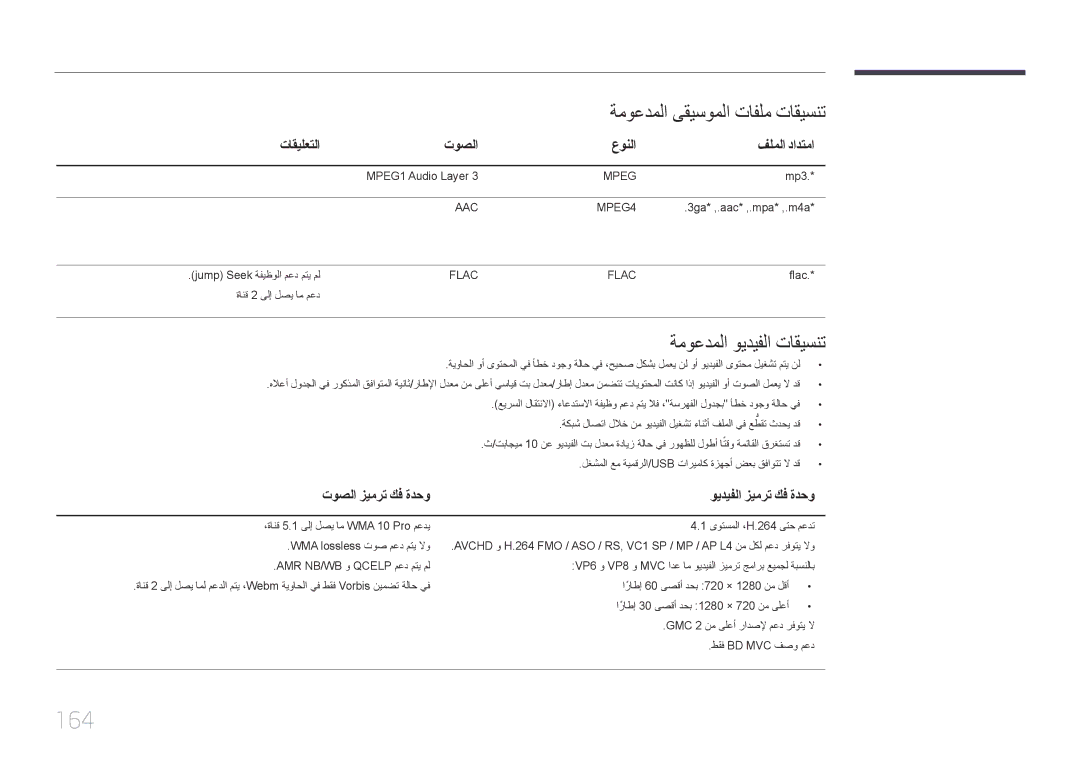 Samsung LH55MECPLGC/UE 164, ةموعدملا ىقيسوملا تافلم تاقيسنت, ةموعدملا ويديفلا تاقيسنت, تاقيلعتلا توصلا عونلا فلملا دادتما 