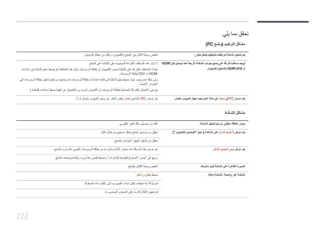 Samsung LH32MECPLGC/NG, LH32MECPLGC/EN 222, Pc عضو بيكرتلا لكاشم, ةشاشلا لكاشم, لثملأا عضولا سيل ضرع متي, معان و نشخ طبض 