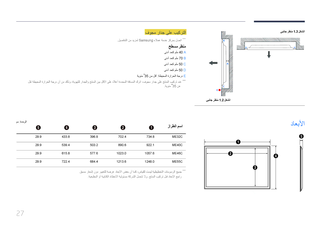 Samsung LH55MECPLGC/NG داعبلأا, فوجم رادج ىلع بيكرتلا, حطسم رظنم, زارطلا مسا, يبناج رظنم 1.2 لكشلا يبناج رظنم 1.3 لكشلا 