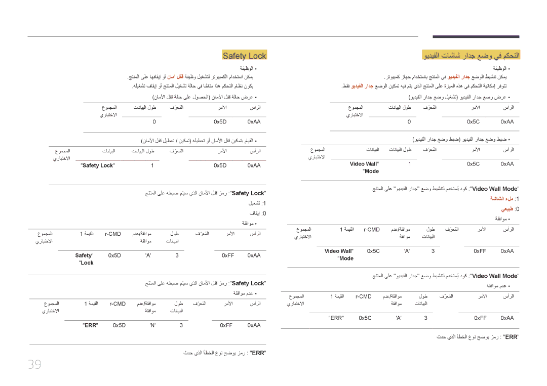 Samsung LH46MECPLGC/UE, LH32MECPLGC/EN, LH40MECPLGC/NG Safety Lock, ويديفلا تاشاش رادج عضو يف مكحتلا, ةشاشلا ءلم, يعيبط 