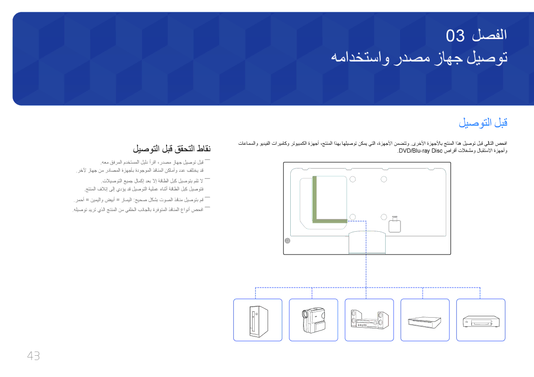 Samsung LH40MECPLGC/UE, LH32MECPLGC/EN, LH40MECPLGC/NG manual همادختساو ردصم زاهج ليصوت, ليصوتلا لبق ققحتلا طاقن 