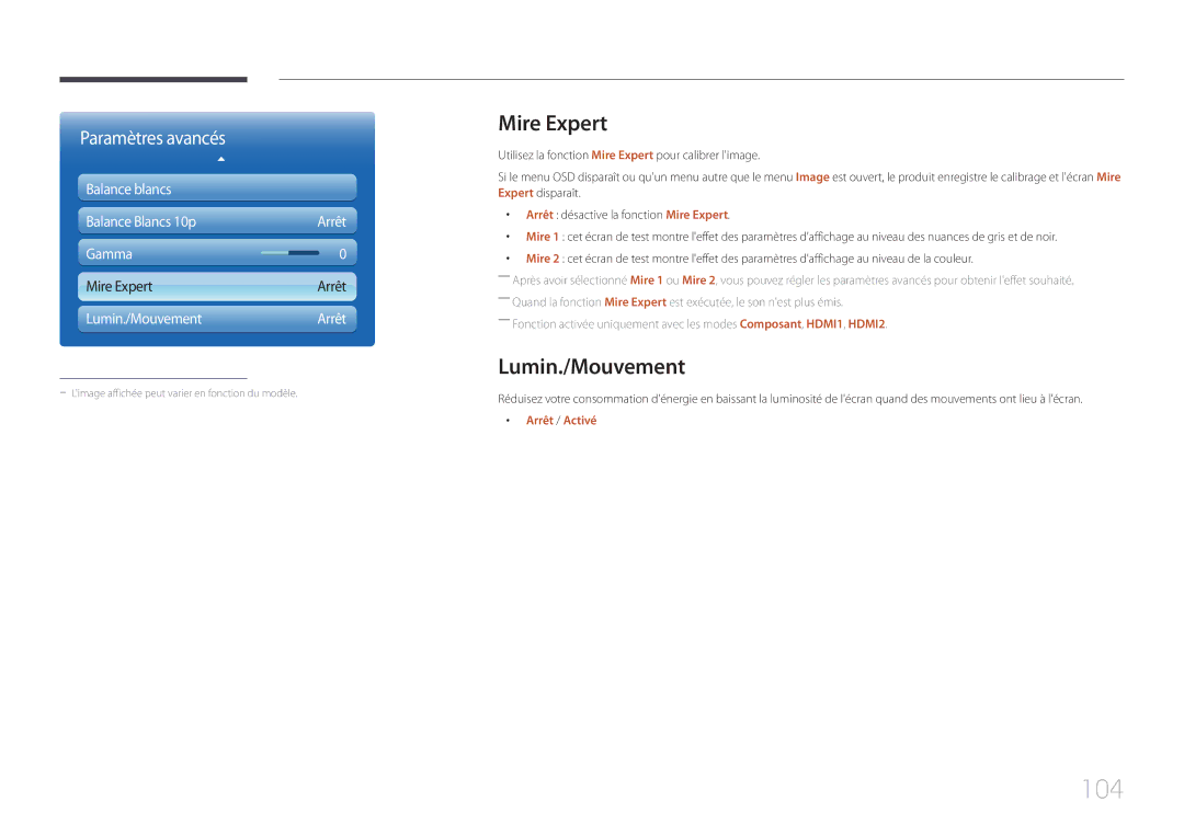 Samsung LH32MECPLGC/EN, LH55MECPLGC/EN, LH46MECPLGC/EN, LH40MECPLGC/EN manual 104, Mire Expert, Lumin./Mouvement 