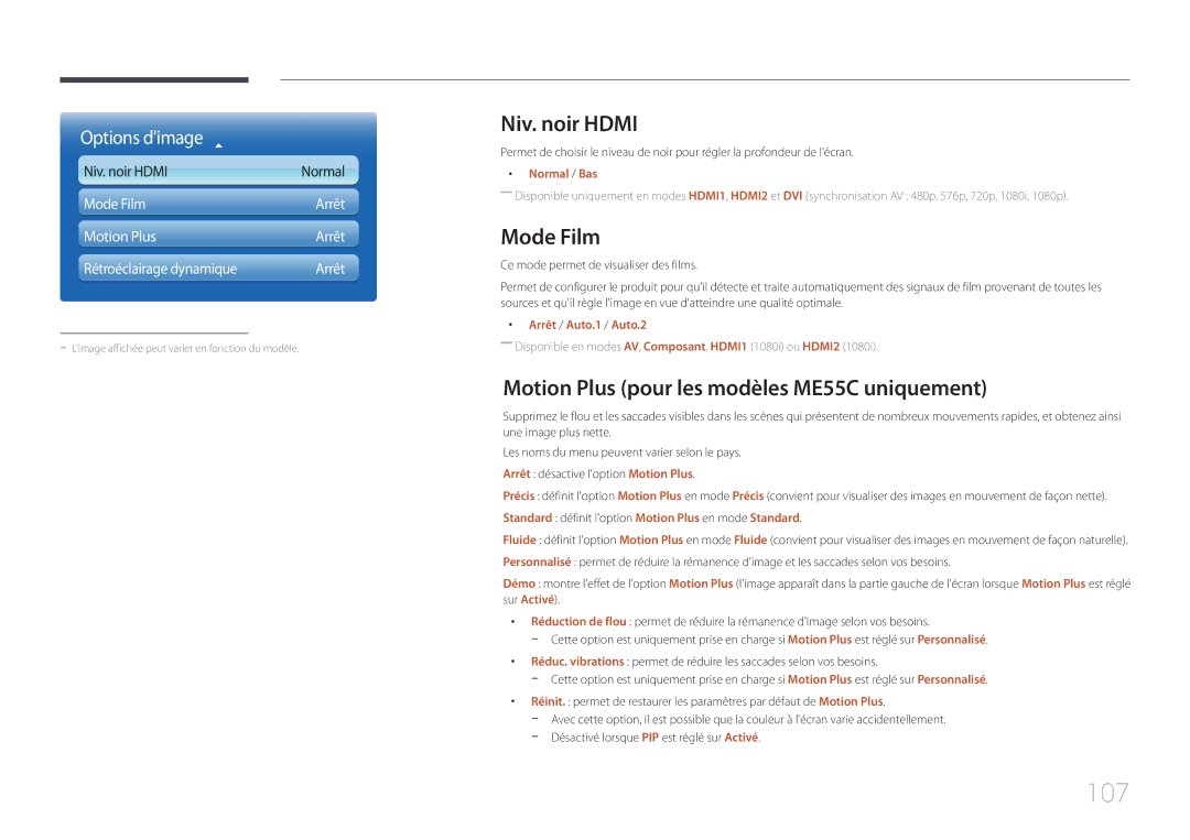 Samsung LH40MECPLGC/EN, LH32MECPLGC/EN manual 107, Niv. noir Hdmi, Mode Film, Motion Plus pour les modèles ME55C uniquement 