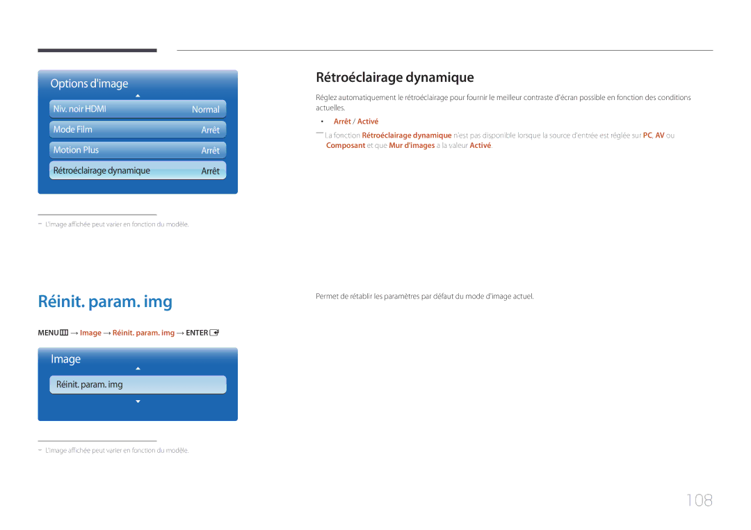 Samsung LH32MECPLGC/EN, LH55MECPLGC/EN manual 108, Rétroéclairage dynamique, MENUm → Image → Réinit. param. img → Entere 