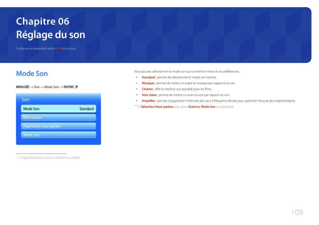 Samsung LH55MECPLGC/EN, LH32MECPLGC/EN Réglage du son, Mode Son, 109, Effet sonore Paramètres haut-parleur Réinit. son 