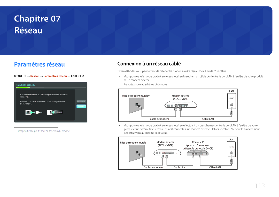 Samsung LH55MECPLGC/EN, LH32MECPLGC/EN, LH46MECPLGC/EN manual Réseau, Paramètres réseau, 113, Connexion à un réseau câblé 