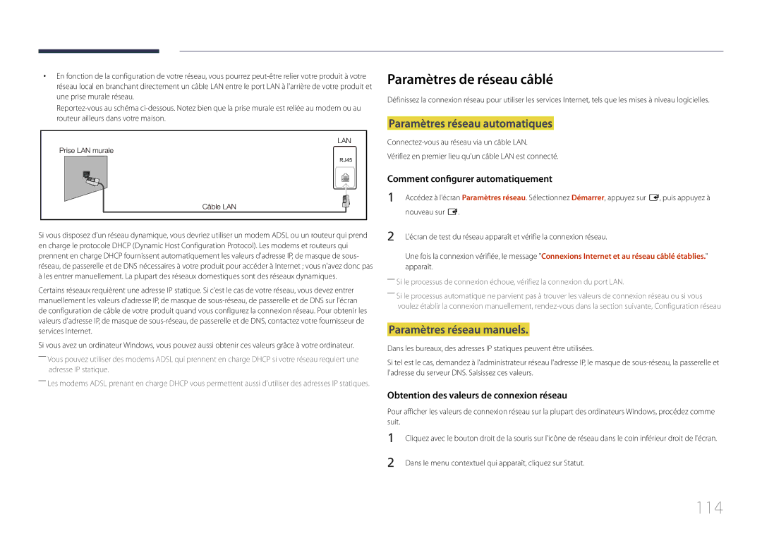 Samsung LH46MECPLGC/EN manual 114, Paramètres de réseau câblé, Paramètres réseau automatiques, Paramètres réseau manuels 