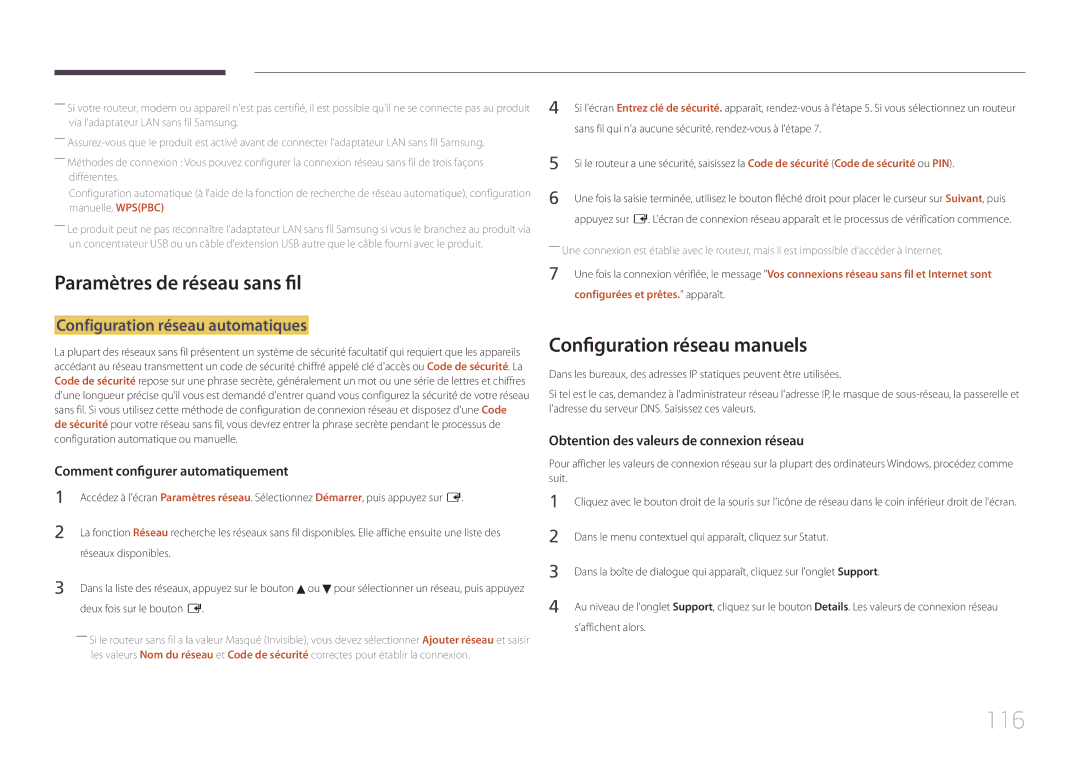 Samsung LH32MECPLGC/EN 116, Paramètres de réseau sans fil, Configuration réseau manuels, Configuration réseau automatiques 