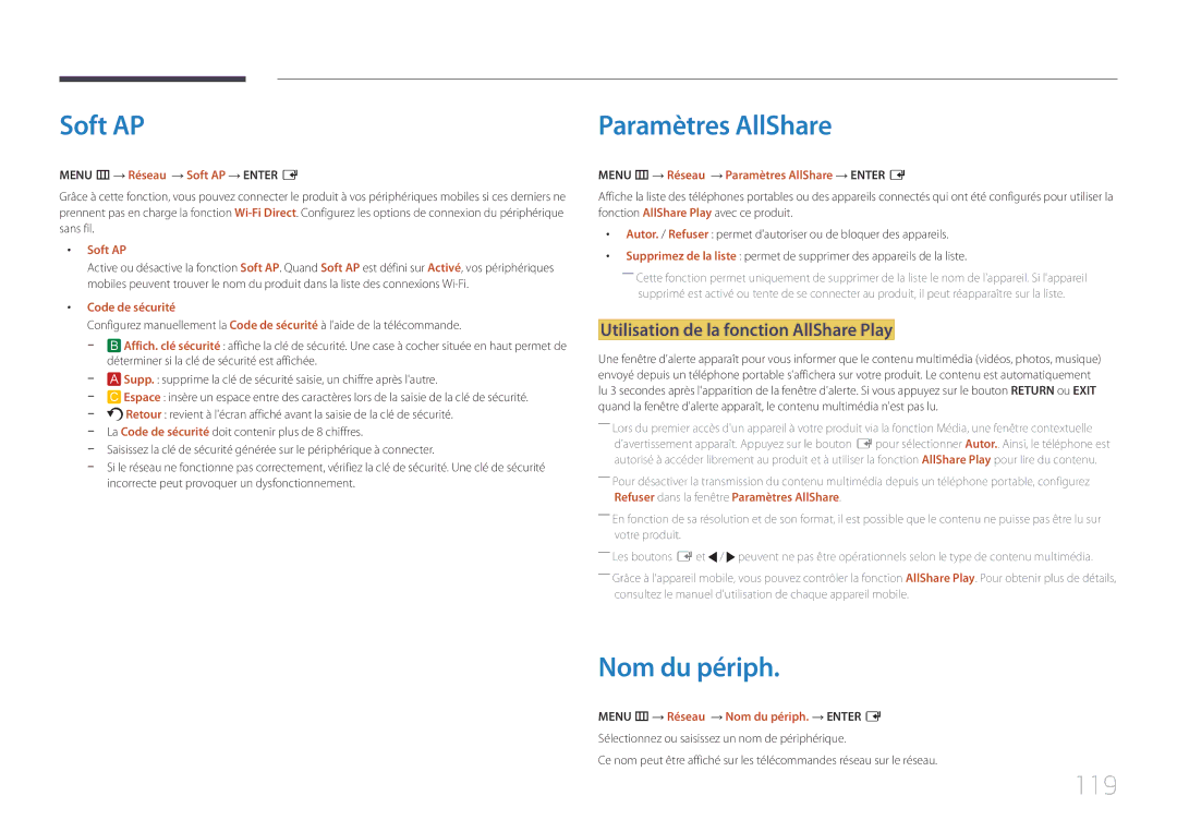 Samsung LH40MECPLGC/EN manual Soft AP, Paramètres AllShare, Nom du périph, 119, Utilisation de la fonction AllShare Play 