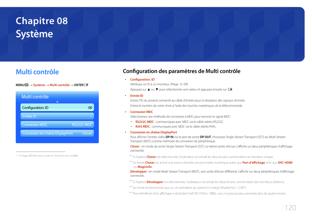 Samsung LH32MECPLGC/EN, LH55MECPLGC/EN manual Système, Multi contrôle, 120, Configuration. ID Entrée ID Connexion MDC 