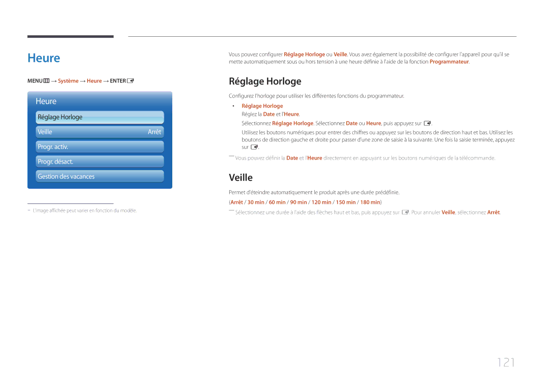 Samsung LH55MECPLGC/EN, LH32MECPLGC/EN, LH46MECPLGC/EN, LH40MECPLGC/EN manual Heure, 121, Réglage Horloge, Veille 