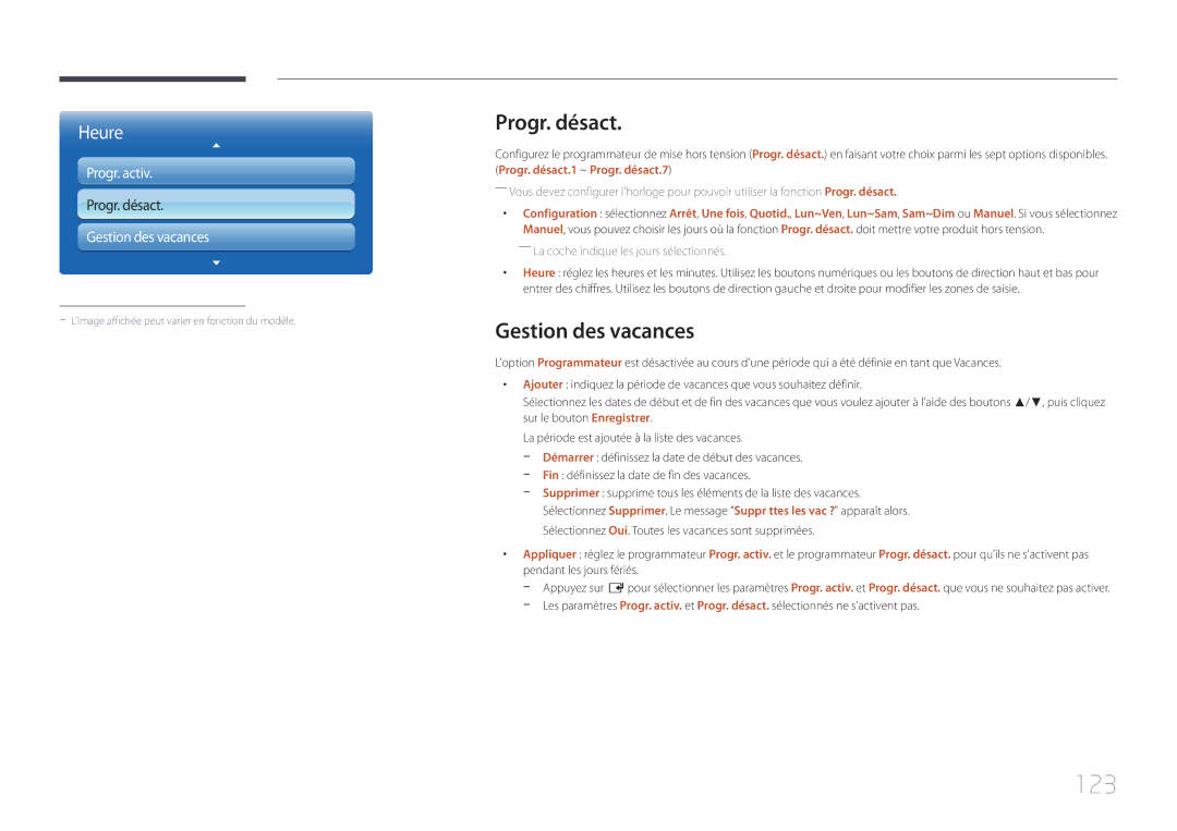 Samsung LH40MECPLGC/EN, LH32MECPLGC/EN, LH55MECPLGC/EN manual 123, Progr. désact, Gestion des vacances, Progr. activ 