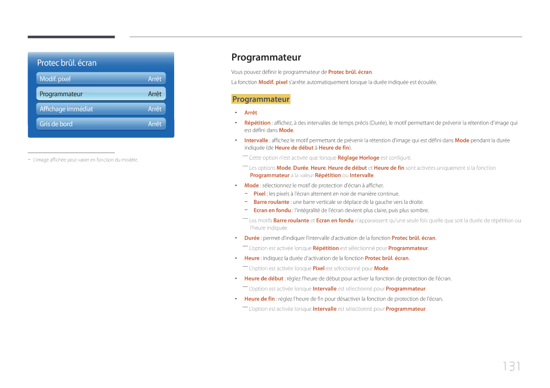 Samsung LH40MECPLGC/EN, LH32MECPLGC/EN, LH55MECPLGC/EN, LH46MECPLGC/EN manual 131, Programmateur, Arrêt 