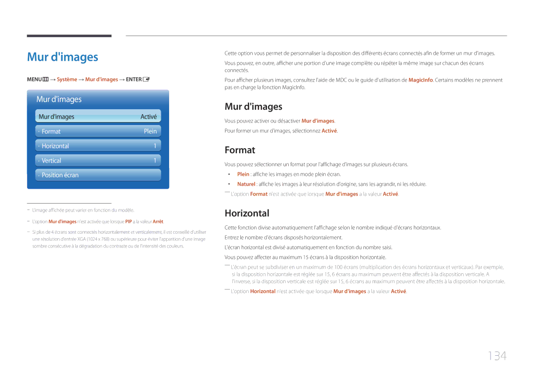 Samsung LH46MECPLGC/EN, LH32MECPLGC/EN, LH55MECPLGC/EN, LH40MECPLGC/EN manual Mur dimages, 134, Format, Horizontal 