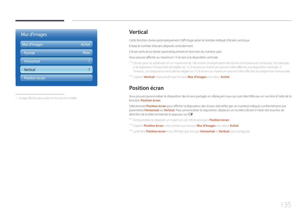 Samsung LH40MECPLGC/EN, LH32MECPLGC/EN, LH55MECPLGC/EN, LH46MECPLGC/EN manual 135, Vertical, Position écran 