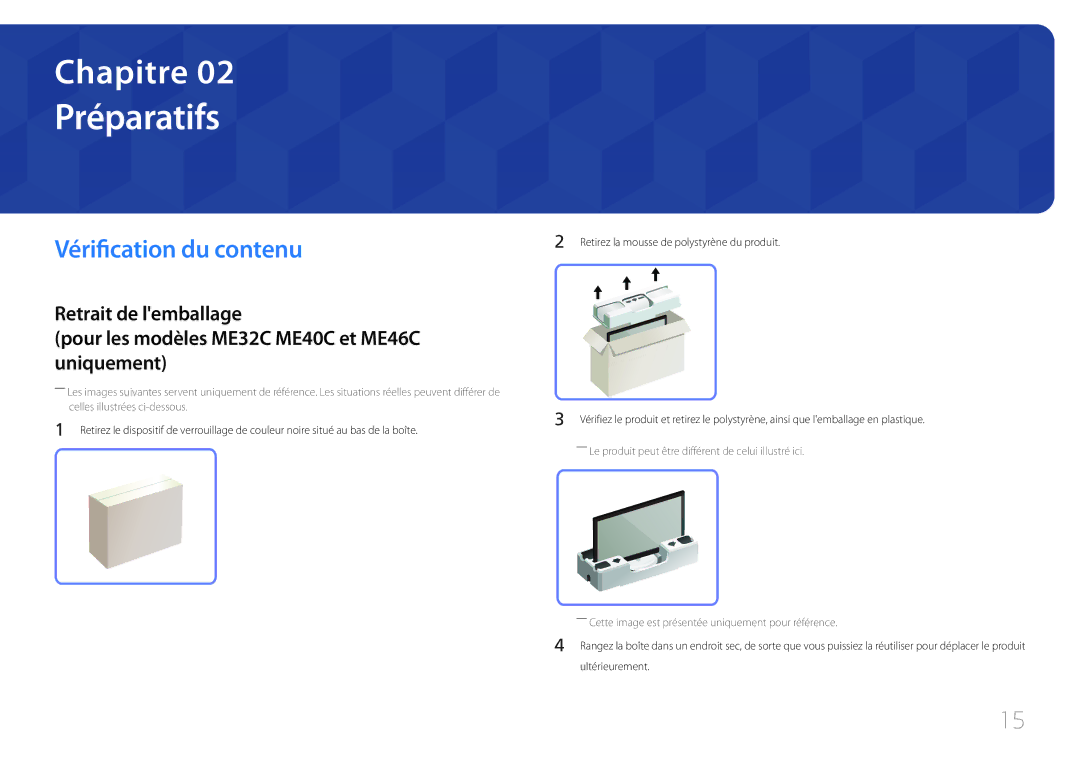 Samsung LH40MECPLGC/EN, LH32MECPLGC/EN, LH55MECPLGC/EN, LH46MECPLGC/EN manual Préparatifs, Vérification du contenu 