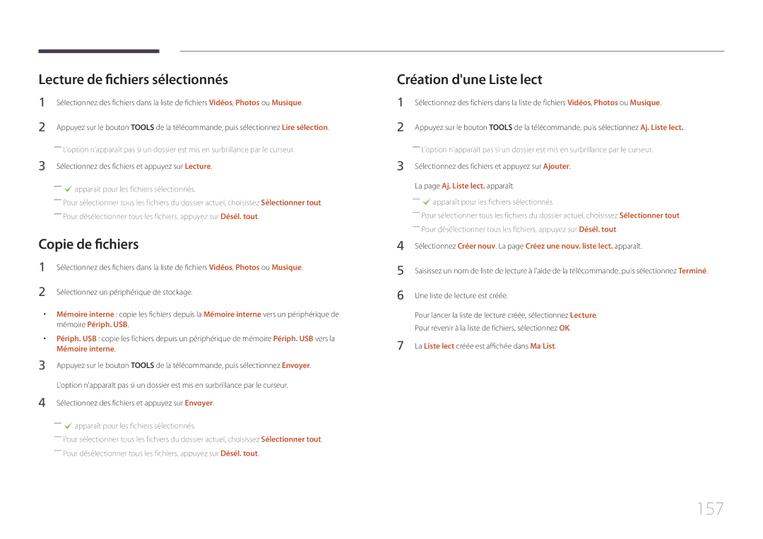 Samsung LH55MECPLGC/EN, LH32MECPLGC/EN 157, Lecture de fichiers sélectionnés, Copie de fichiers, Création dune Liste lect 