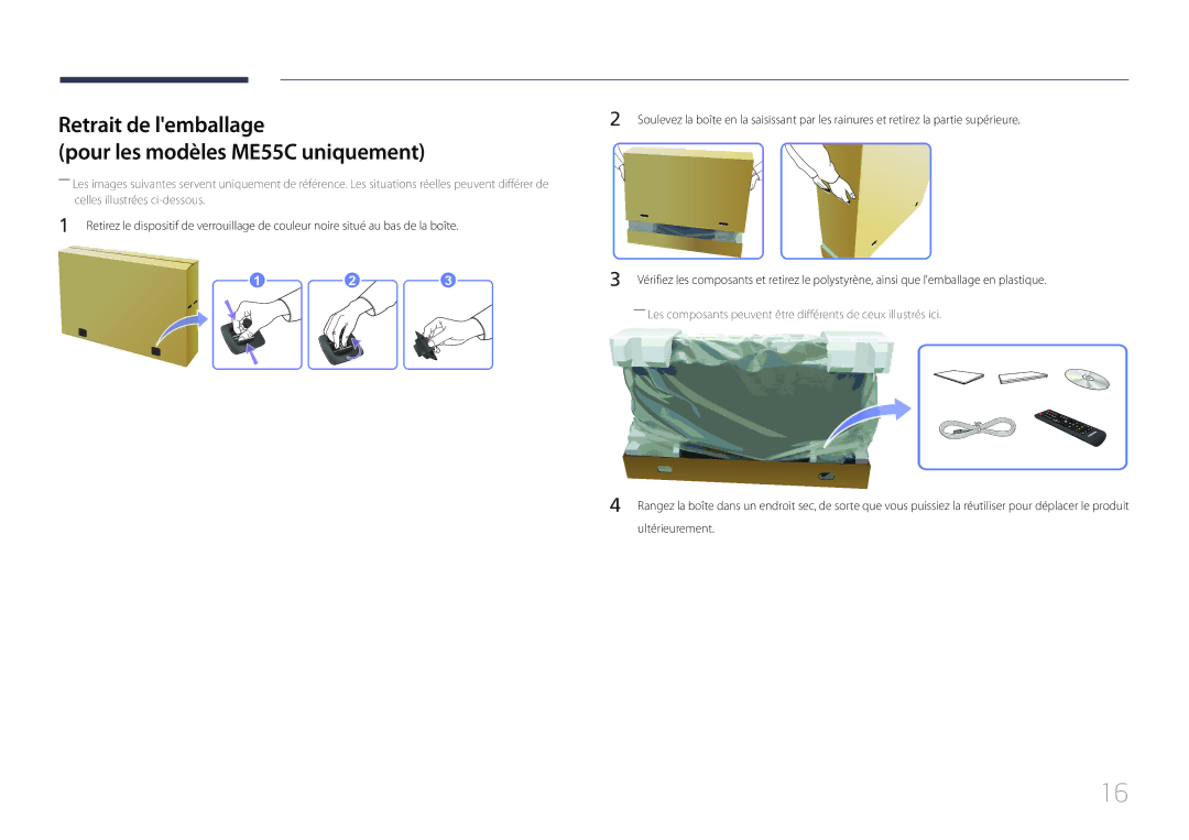 Samsung LH32MECPLGC/EN, LH55MECPLGC/EN, LH46MECPLGC/EN manual Retrait de lemballage Pour les modèles ME55C uniquement, 123 