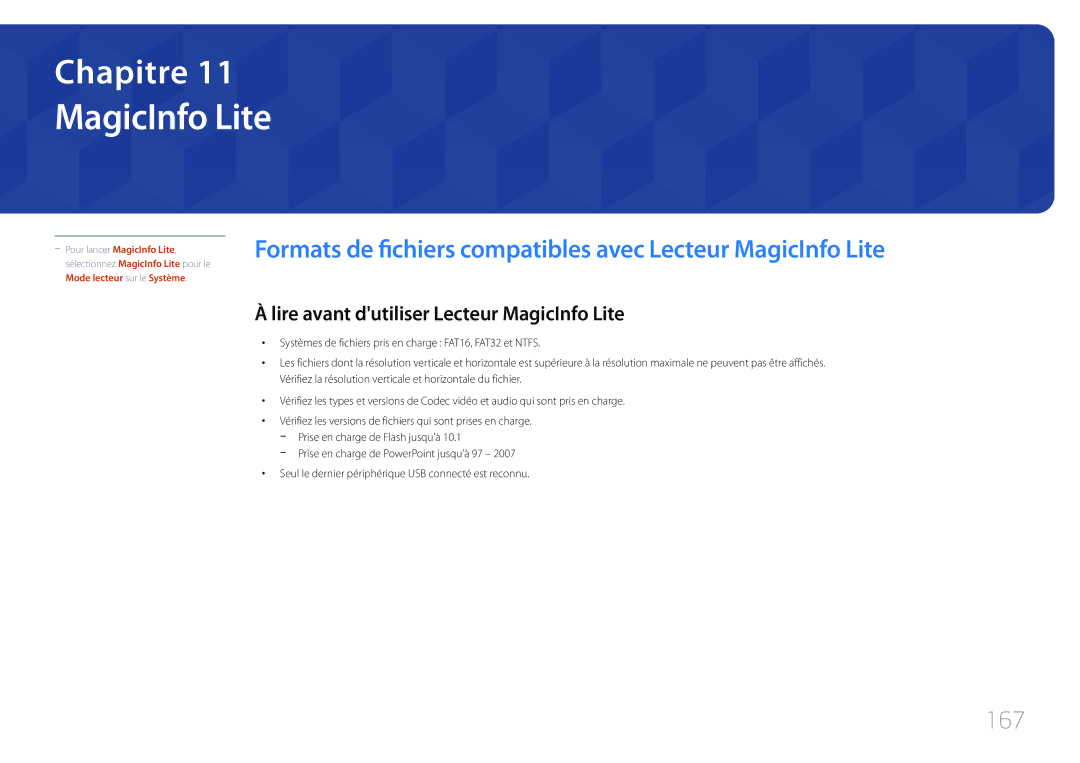 Samsung LH40MECPLGC/EN, LH32MECPLGC/EN, LH55MECPLGC/EN, LH46MECPLGC/EN 167, Lire avant dutiliser Lecteur MagicInfo Lite 