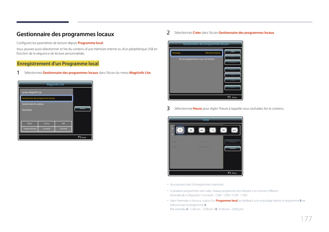 Samsung LH55MECPLGC/EN, LH32MECPLGC/EN manual 177, Gestionnaire des programmes locaux, Enregistrement dun Programme local 