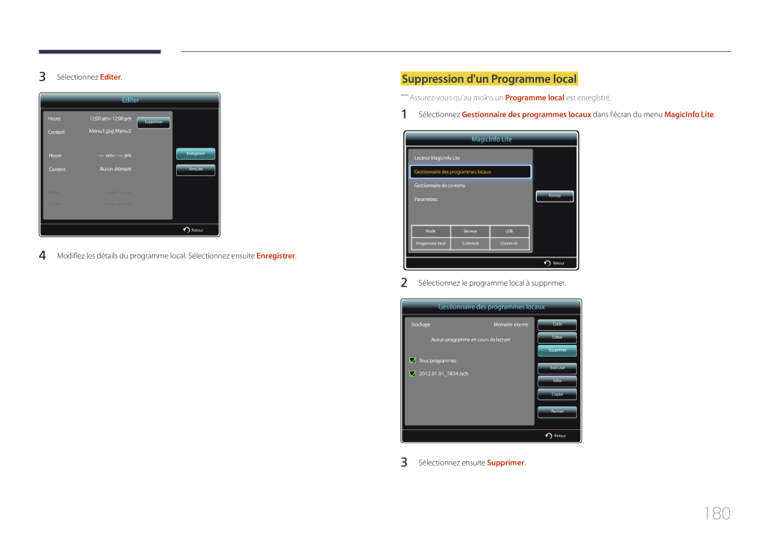 Samsung LH32MECPLGC/EN manual 180, Suppression dun Programme local, Sélectionnez Editer, Sélectionnez ensuite Supprimer 