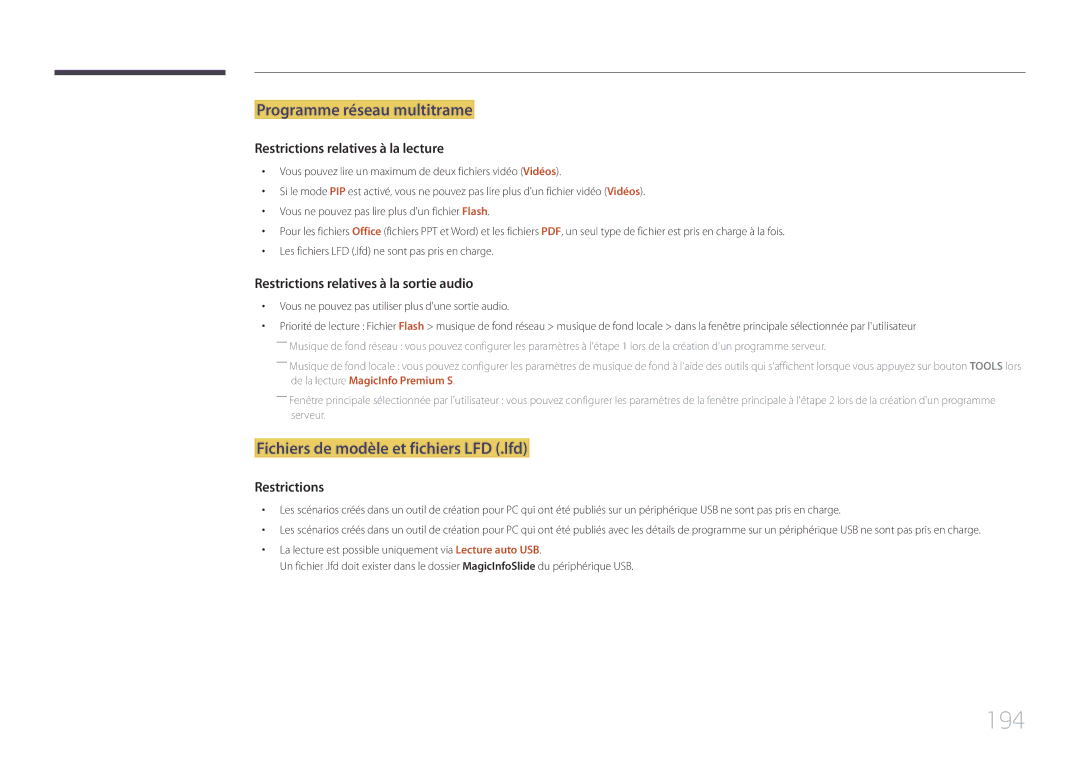 Samsung LH46MECPLGC/EN, LH32MECPLGC/EN manual 194, Programme réseau multitrame, Fichiers de modèle et fichiers LFD .lfd 