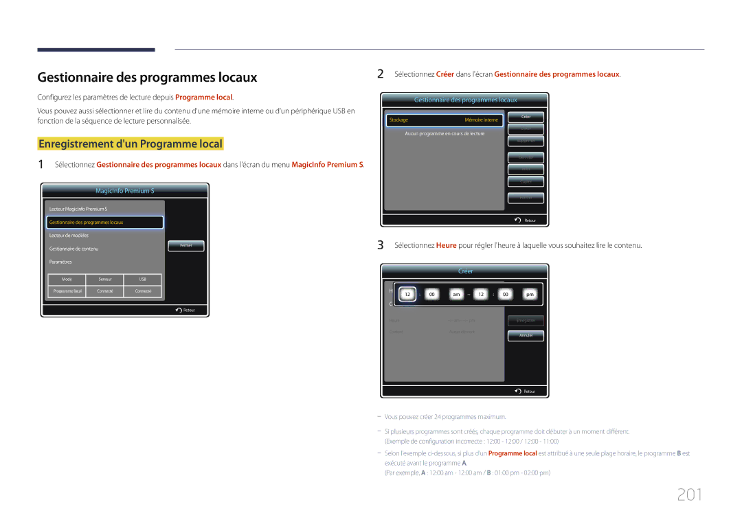 Samsung LH55MECPLGC/EN, LH32MECPLGC/EN, LH46MECPLGC/EN, LH40MECPLGC/EN manual 201, Gestionnaire des programmes locaux 