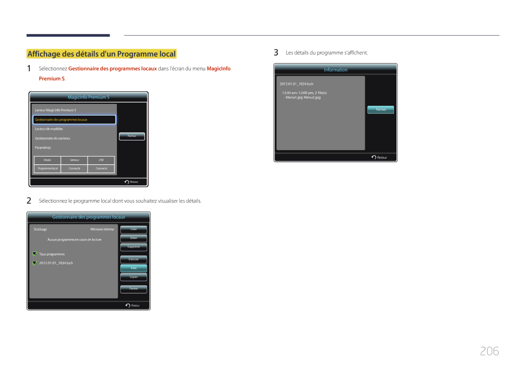 Samsung LH46MECPLGC/EN, LH32MECPLGC/EN, LH55MECPLGC/EN, LH40MECPLGC/EN manual 206, Affichage des détails dun Programme local 