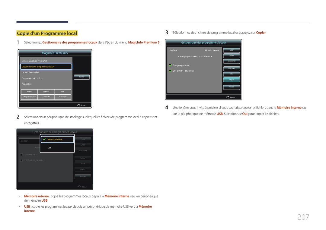 Samsung LH40MECPLGC/EN, LH32MECPLGC/EN, LH55MECPLGC/EN, LH46MECPLGC/EN manual 207, Copie dun Programme local 