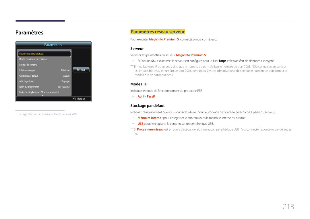 Samsung LH55MECPLGC/EN, LH32MECPLGC/EN, LH46MECPLGC/EN, LH40MECPLGC/EN manual 213, Paramètres 